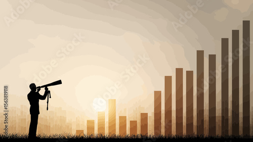 A business growth prospect drawing features a man with a telescope overlooking increasing bar graphs in a sunset graphic.