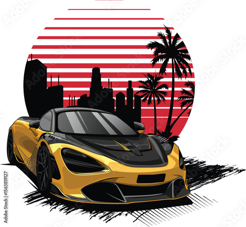 Black and yellow color modern car with red sun and skyline vector design