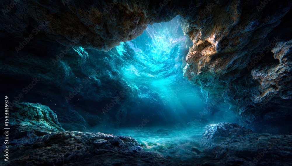 Naklejka premium Explore the deep serenity of an underwater cavern, where vibrant hues of blue create a magical atmosphere illuminated by beams of sunlight piercing through the water?s surface.