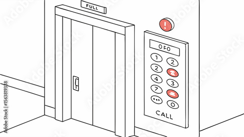 Minimalist Line Art Illustration of an Elevator with 'FULL' Indicator, Red Warning Light, and Lit Control Panel Buttons, Representing Capacity or M...