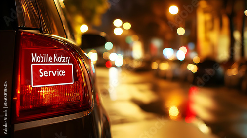 Mobile notary service car at night, illuminated taillight, bokeh city background.  Convenient legal services concept.