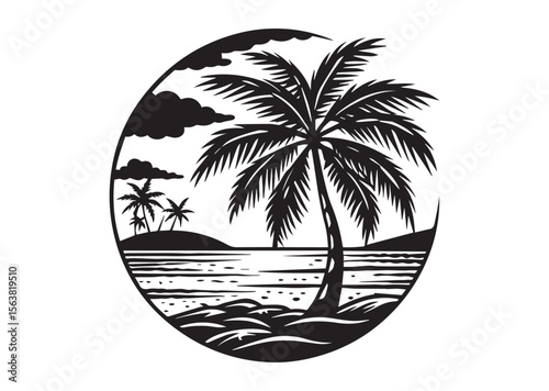 Beach with Palm Tree Silhouette Vector, Beach with Palm Tree Icon