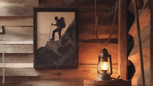 Warm light shines in a rustic cabin displaying artwork of a hiker conquering a mountain peak, adding a touch of adventure.