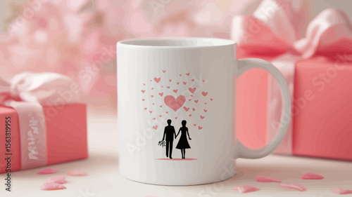 Romantic couple silhouette with heart graphics for valentines day mug, a charming printable design ready for valentines day crafts and personalized gift projects