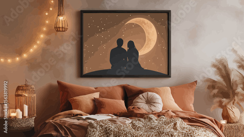A romantic couple silhouette gazes at the moon and stars, perfect for wall art prints and bedroom decor, adding warmth and love.