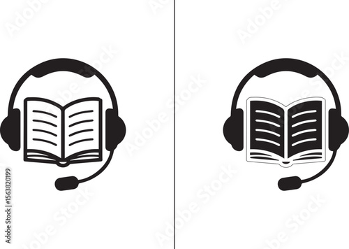 Book in Headphones Icon Vector – Audiobook and E-Learning Symbol