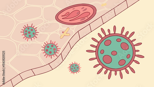 Microscopic illustration of viruses infecting human tissue with immune response, showing cellular interaction and pathogen attack in the body's def...