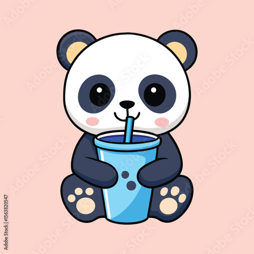 Cute cartoon panda drinking from blue cup vector illustration