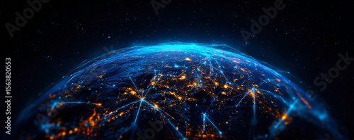 This captivating image showcases a vibrant view of Earth from space, interconnected with dazzling lines of light representing global networking and communication systems, reflecting our digital age.