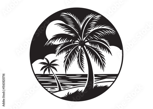 Beach with Palm Tree Silhouette Vector, Beach with Palm Tree Icon