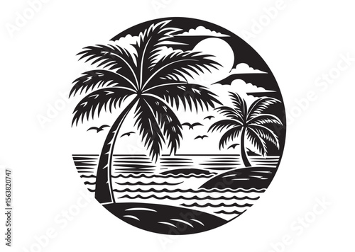 Beach with Palm Tree Silhouette Vector, Beach with Palm Tree Icon