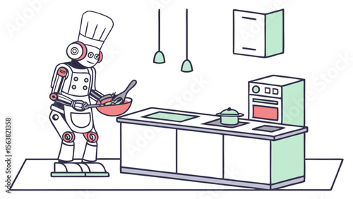 Kitchen Robot Chef Preparing Meal, AI Automation