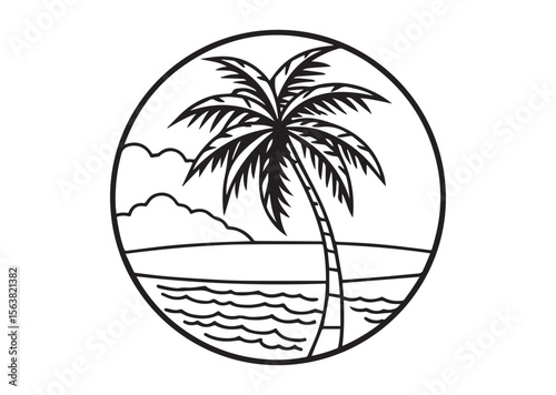 Beach with Palm Tree Silhouette Vector, Beach with Palm Tree Icon