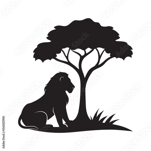 Lion Under Tree Branch Vector Silhouette