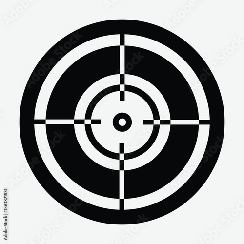 Simple flat target icon with concentric black and white circles, centered red dot, and crosshairs. Minimalist, geometric design with top-down view and no background.