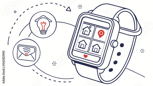 Smartwatch Controlling Smart Home System with IoT Technology and Wireless Connectivity - Modern Line Art Illustration