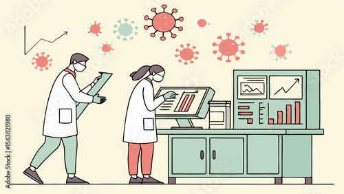 Medical Scientists Analyzing Virus Data in Lab: Researchers in Masks and Lab Coats Working on Disease Study, Scientific Breakthrough, and Health St...