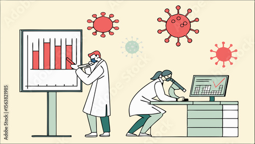 Scientific Researchers Analyzing Virus Data and Microscopic Samples in a Modern Laboratory Setting