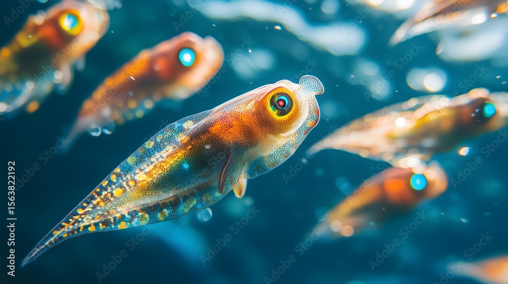 Fototapeta premium Close up of translucent orange and yellow juvenile squid swimming in ocean water