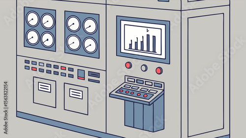 Retro Industrial Control Panel with Analog Gauges and Digital Data Display. Vintage Computing Machine Console for Automation and Monitoring, featur...