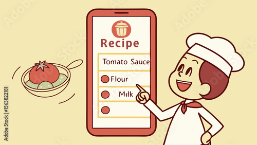 Cheerful Cartoon Chef Consulting a Digital Recipe App on a Smartphone for Meal Preparation