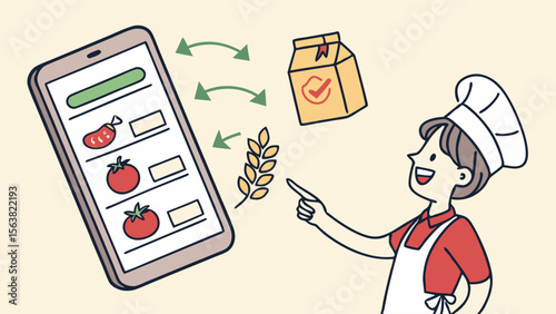 Happy Chef Managing Online Food Orders and Grocery Delivery via Smartphone App - Digital Meal Kit Service and Culinary Management Concept