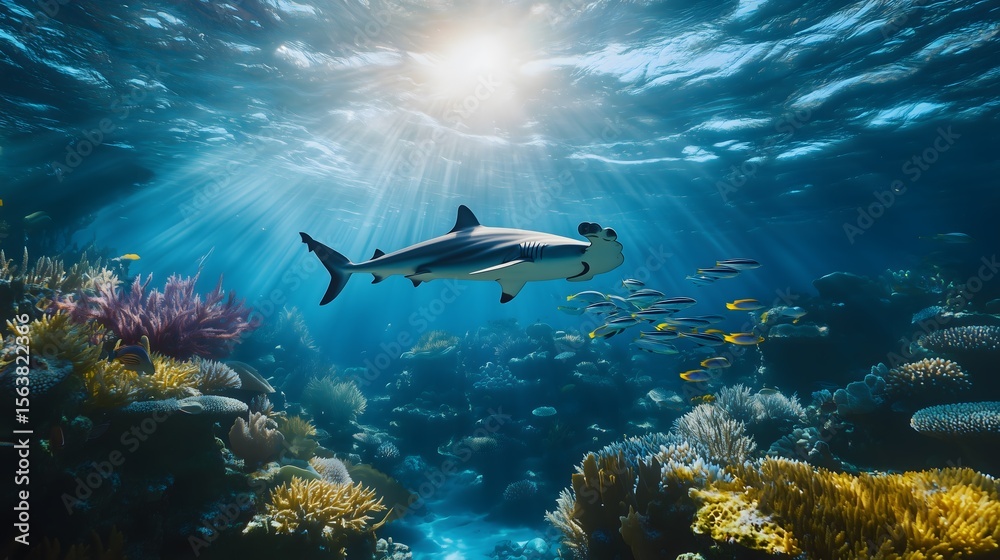 Fototapeta premium Hammerhead Shark Swimming Over Vibrant Coral Reef in Sunlit Ocean sea underthesea