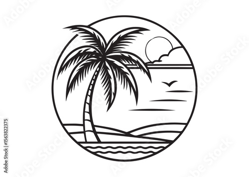 Beach with Palm Tree Silhouette Vector, Beach with Palm Tree Icon
