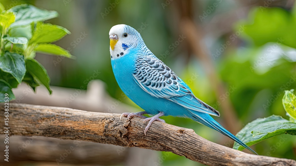 Obraz premium Blue budgerigar parrot perched on tree branch in tropical environment with green leaves and soft light