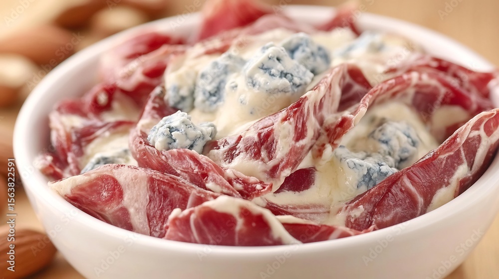 Creamy Gorgonzola Piccante DOP, sharp blue veining, crumbled onto grilled radicchio, focus on pungent character, warm, inviting setting, food styling. Creamy Gorgonzola Piccante DOP, sharp blue veining, crumbled onto grilled radicchio, focus on pungent character, warm, inviting setting, food styling.