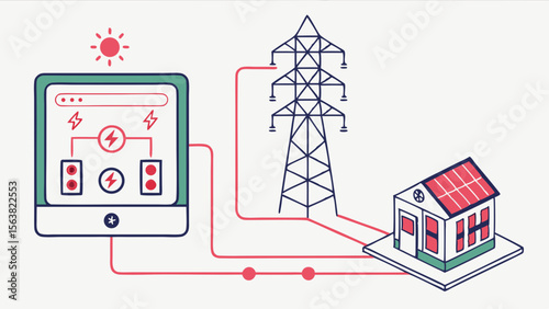 Solar Energy System: Home, Grid, and Inverter Diagram