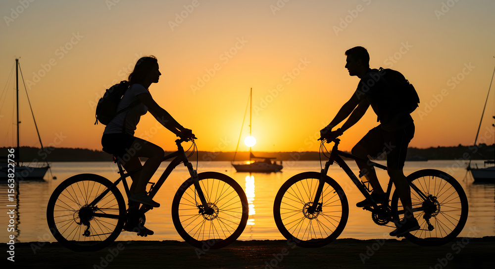 Obraz premium Couple cycling at sunset enjoying romantic bike ride by the sea healthy lifestyle travel adventure