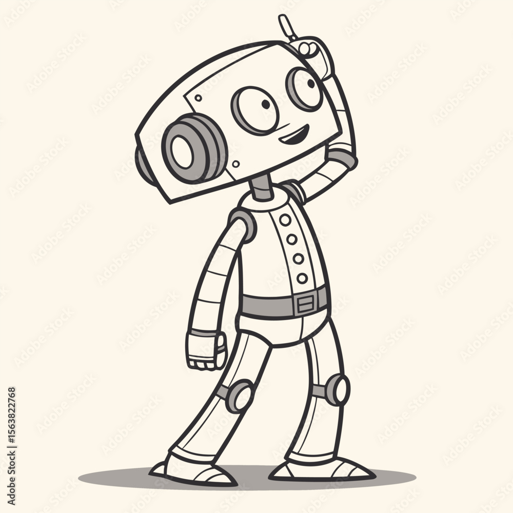 Fototapeta premium Retro Robot Cartoon Character Gazing Upward with a Curious Expression