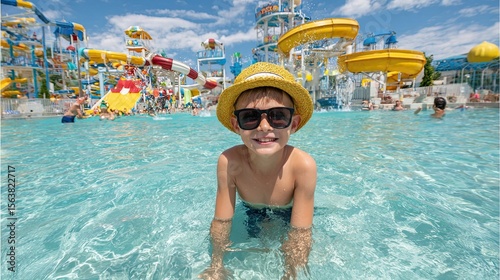 Happy boy wearing hat and sunglasses enjoying summer fun in water park pool with colorful slides behind