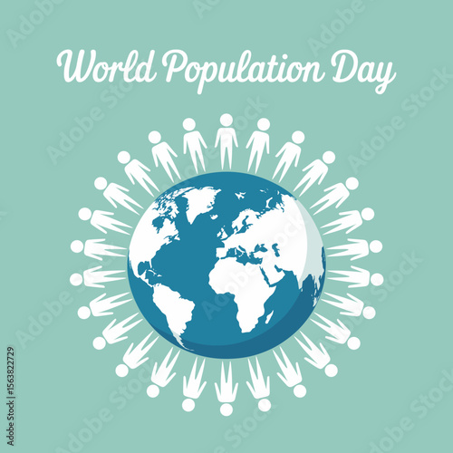 World Population Day concept with a teal background featuring a globe surrounded by a circle of stylized human figures, symbolizing global unity and the importance of population issues.