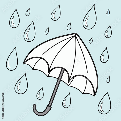 Illustration of an umbrella and rain drops on a blue background