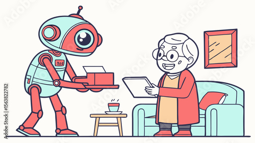 Robot Assistant Delivering Package to Senior Woman at Home