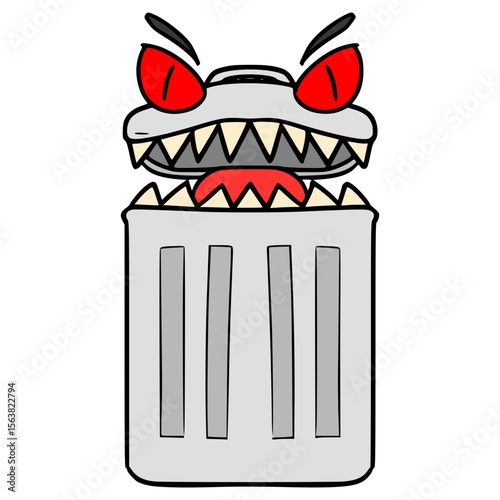 monster trash Bin character illustration hand drawn isolated vector