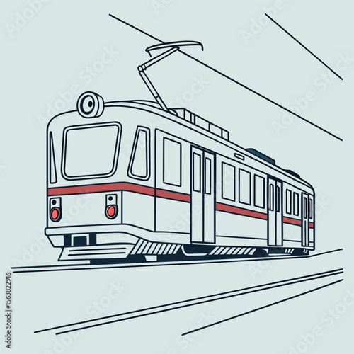 Vintage Tram Car Illustration with Minimalist Lines and Pale Blue Backdrop
