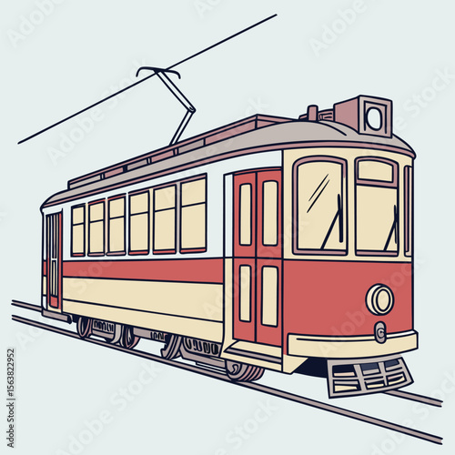 Vintage Style Tram Illustration with Detailed Line Art and Simple Color Palette