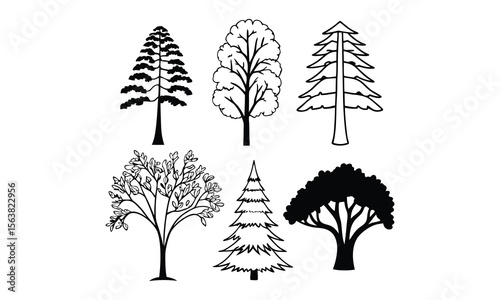 Collection of Hand-drawn Tree Sketches in Black and White