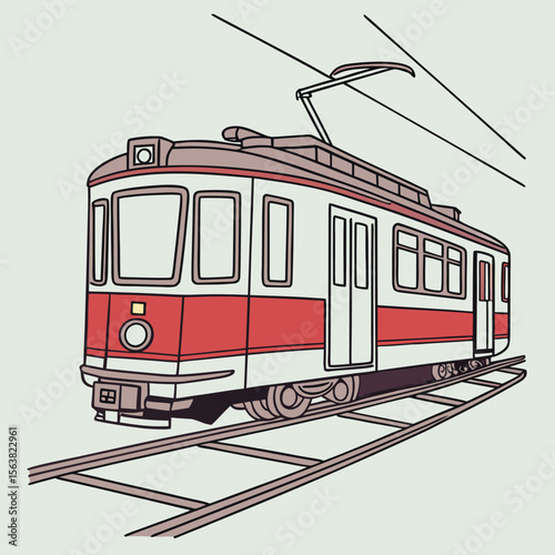 Vintage Red and Cream Tram on Tracks with Overhead Cables Illustration