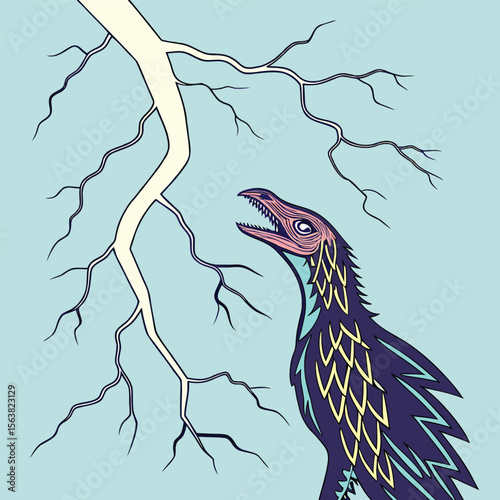 Stylized purple bird with open beak and tree branches on light blue background