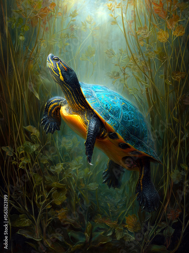 A vibrant turtle gracefully navigates through underwater foliage, embodying peace and tranquility in its natural habitat.