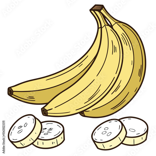 Illustration of a bunch of bananas with sliced bananas on the side