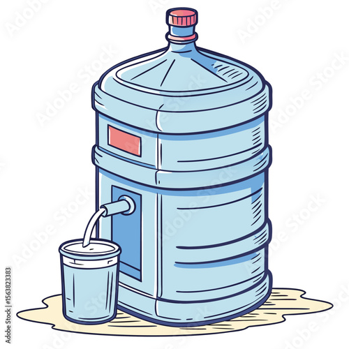 Cartoon illustration of large water cooler dispensing into a cup of water