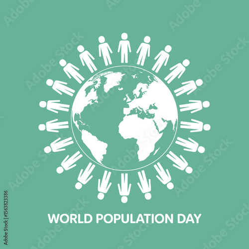 White pictogram people encircle the earth on a teal background; a design celebrating World Population Day, promoting global unity and awareness of population issues.