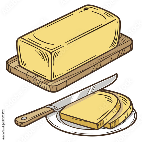 Cartoon butter with slices on a plate and butter knife illustration