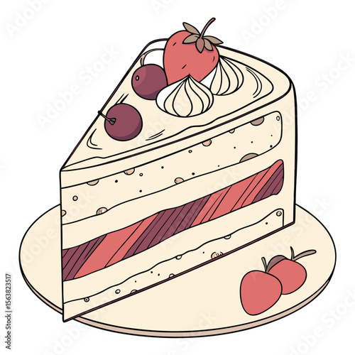 Illustration of a delicious cake slice with strawberry and cherry toppings