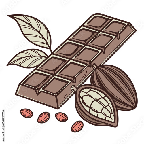 Illustration of chocolate bar with cocoa pods, leaves and almonds